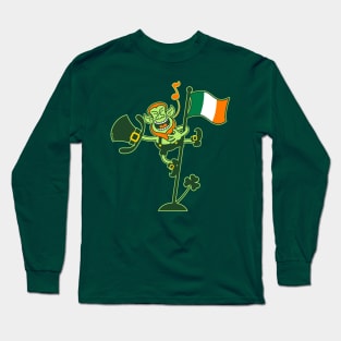 Saint Patrick's Day Leprechaun climbing an Irish flag pole and singing Long Sleeve T-Shirt